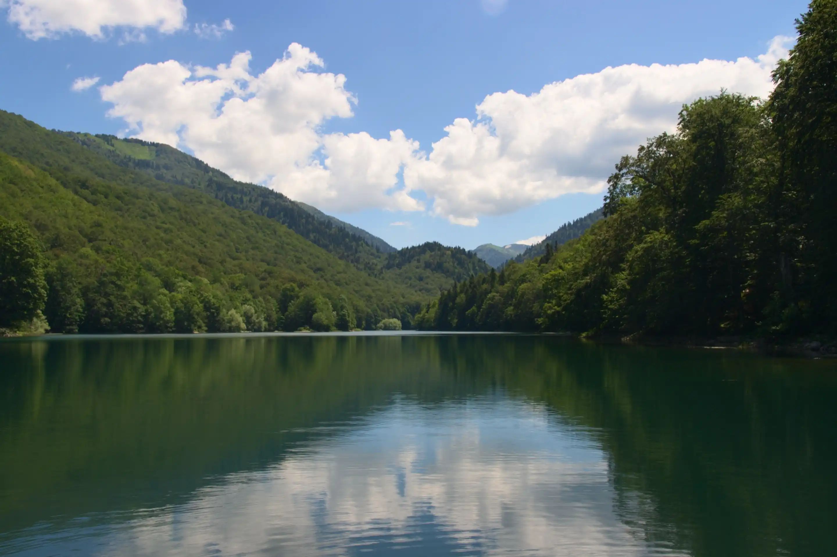 Biogradsko Lake seen from the water: dark green water mirroring white clouds, forest down to the shore on both sides, and wooded slopes closing the valley behind.