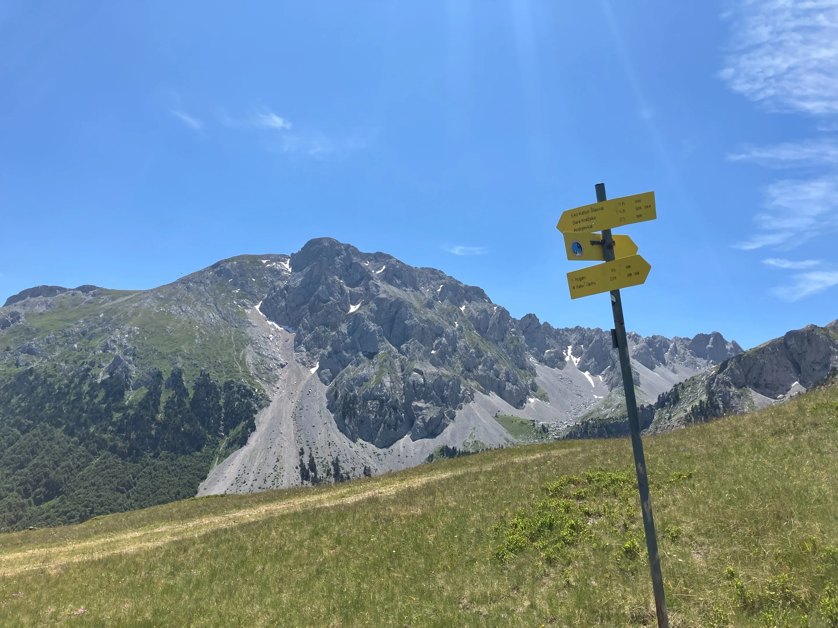 The rocky Komovi massif above a grass slope, with a yellow trail signpost in the foreground.